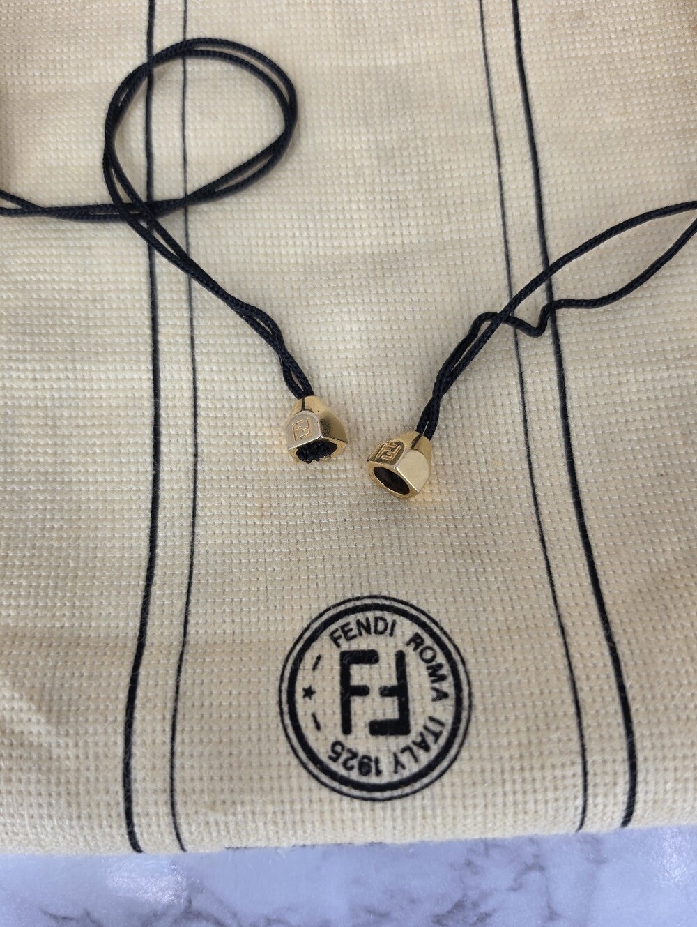Fendi Vintage Dustbag For Upcycle Metal FF Gold Tone Drawstring Charms Earrings